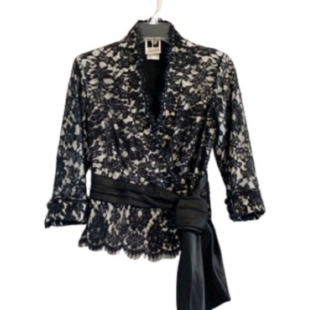 Tadashi Shoji Jacket Elegant Black Lace Belted Formal Special Occasion Top